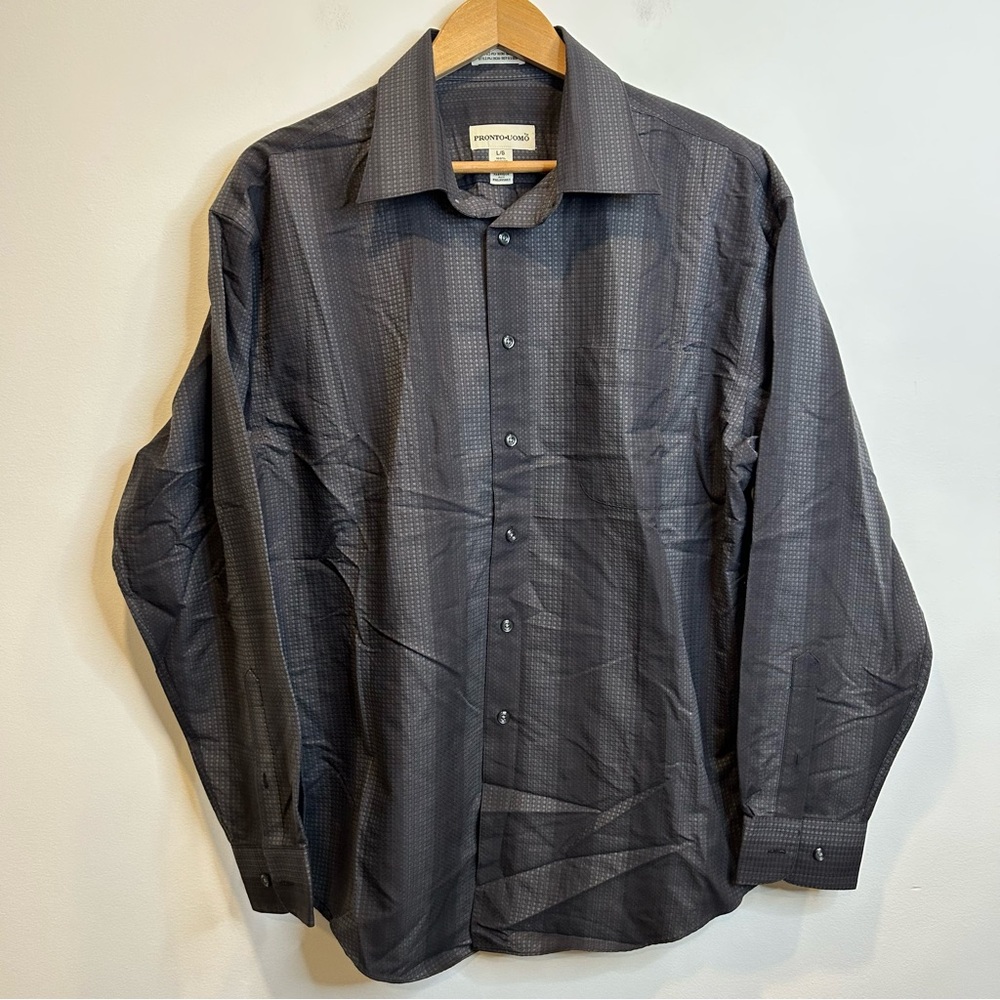 Pronto Uomo Striped Cotton Long Sleeve Button Up Dress Shirt Charcoal Grey